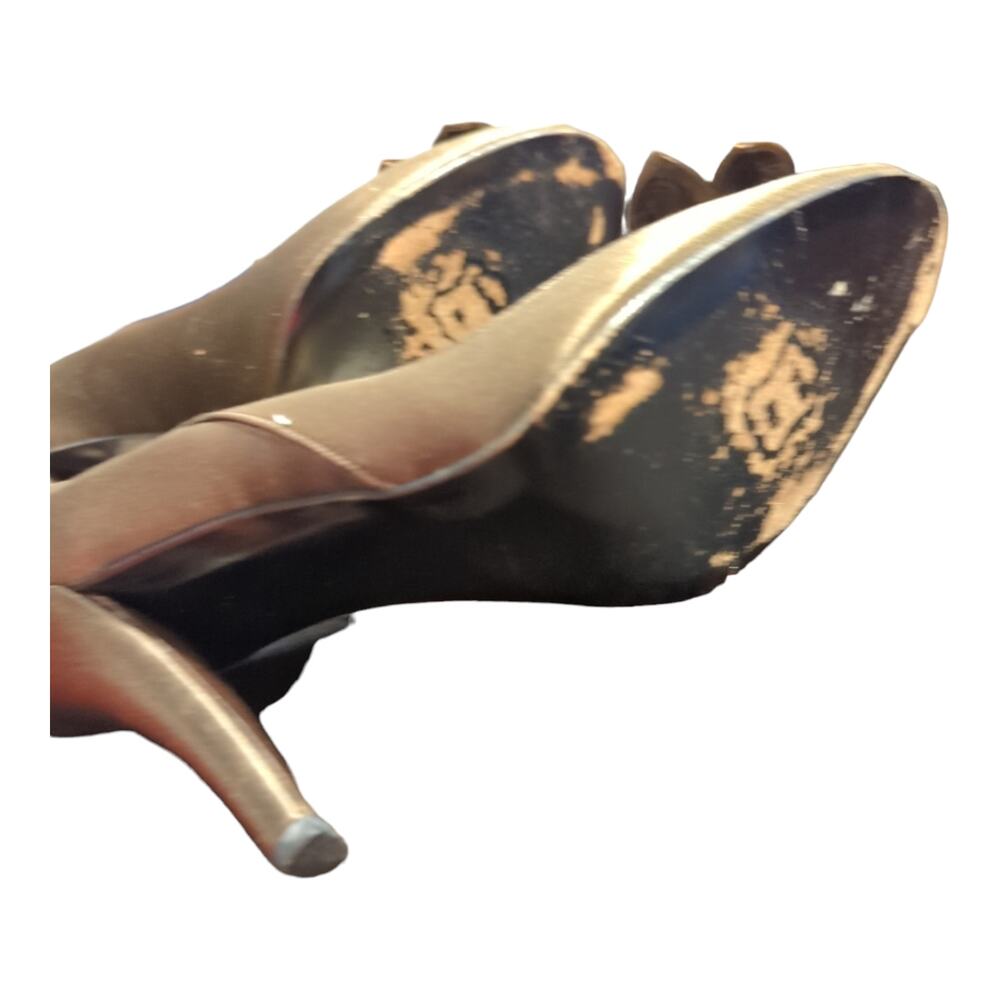 STUART WEITZMAN Brown Satin Rhinestone Bow Peep Toe Pump Heels sz 6.5 M - Picture 5 of 7